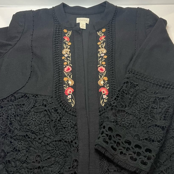 BOHO Chicos 3 Black Floral Embroidered Lace Beaded Eyelet Open Front Blazer XL - Picture 3 of 7